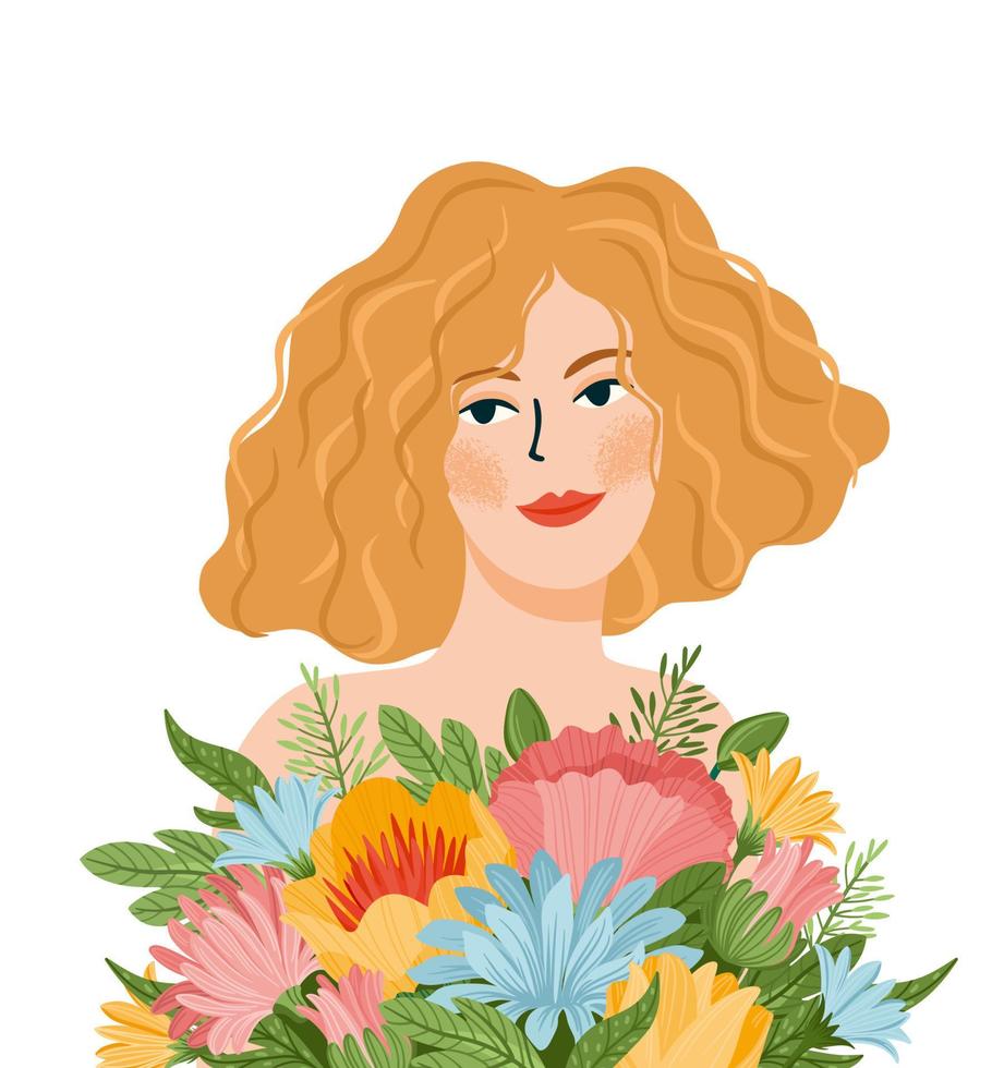 vector geïsoleerd illustratie van schattig vrouw met bloemen. Internationale Dames s dag concept voor kaart, poster, folder en andere gebruik