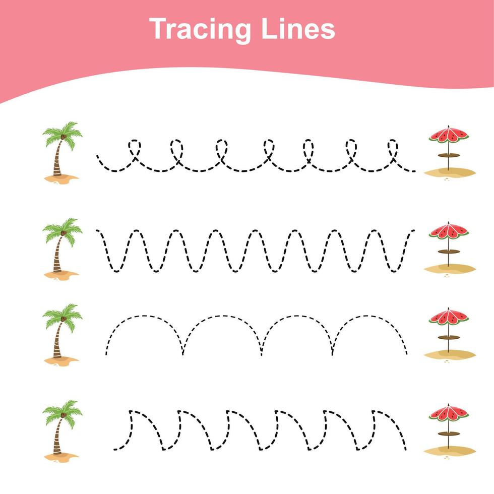 traceren lijnen werkblad. kinderen leerzaam spel. werkblad voor peuter. tekening praktijk met zomer thema. vector het dossier.