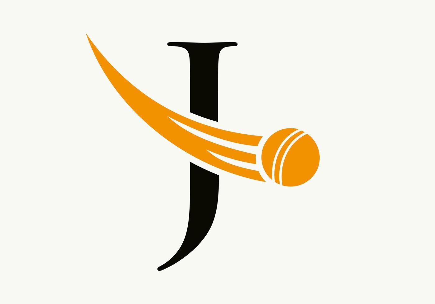 brief j krekel logo concept met in beweging krekel bal icoon. krekel sport- logotype symbool vector sjabloon