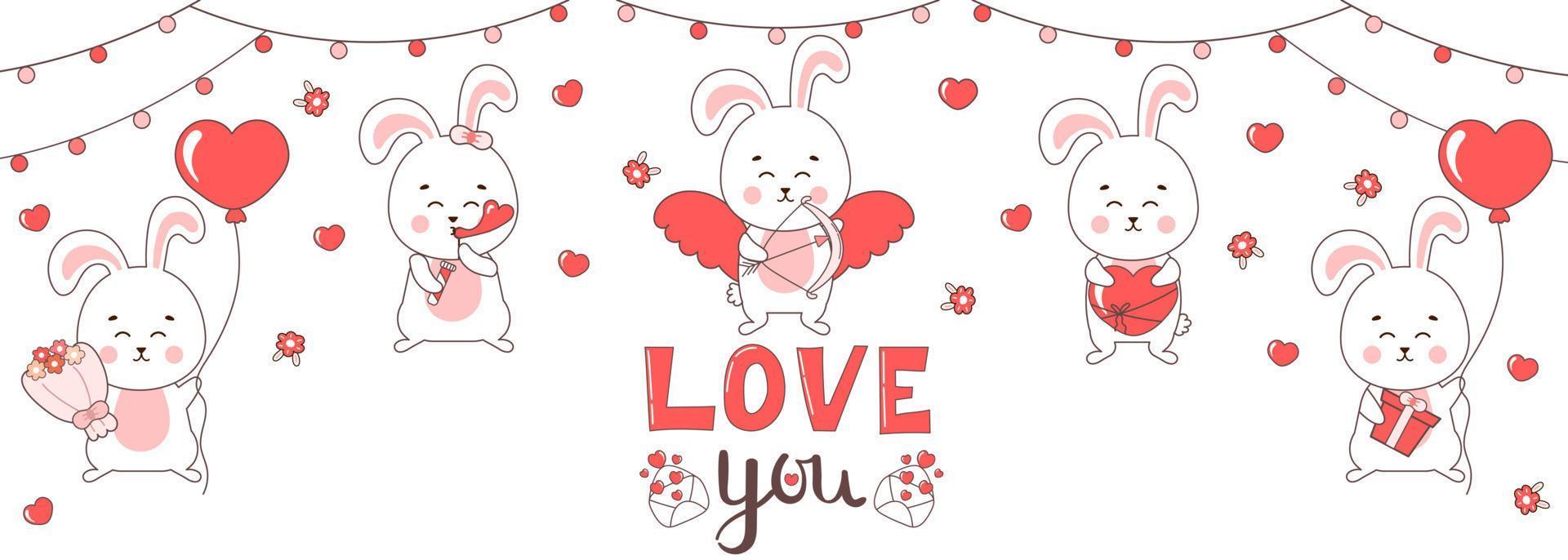 banier voor Valentijn dag met schattig konijn tekens met hart vormig ballonnen, bloemen en cadeaubanner voor Valentijn dag met schattig konijn tekens met hart vormig ballonnen, bloemen en cadeaus vector