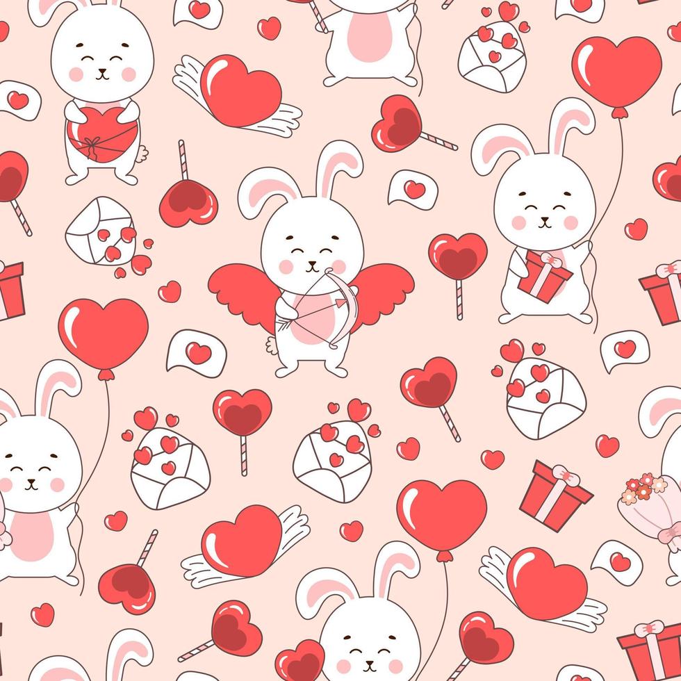 schattig Valentijn dag themed patroon met konijn tekens en liefde brieven, snoepjes en bloemen vector