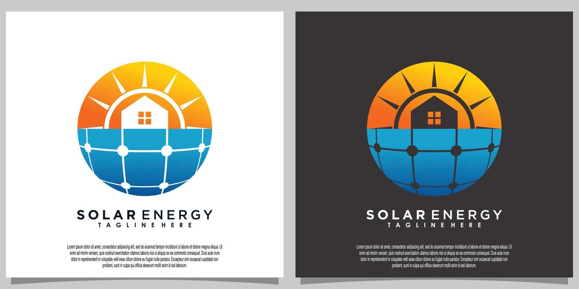 zon zonne- energie logo ontwerp met zonne- paneel tech en huis vector