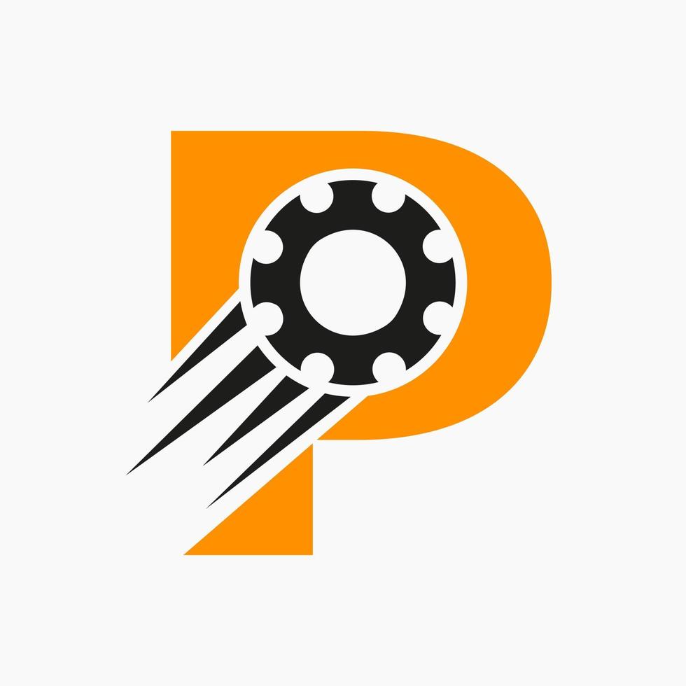 brief p uitrusting tandrad logo. automotive industrieel icoon, uitrusting logo, auto reparatie symbool vector