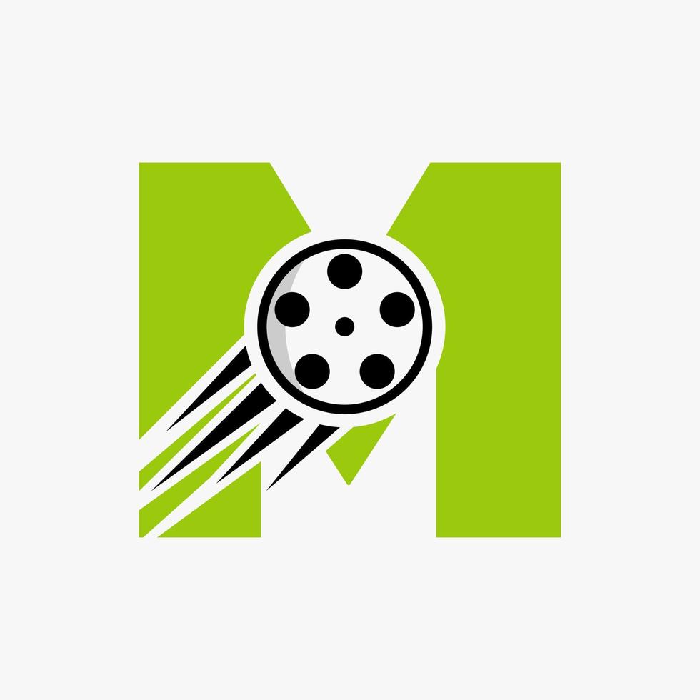 brief m film logo concept met film haspel voor media teken, film regisseur symbool vector sjabloon