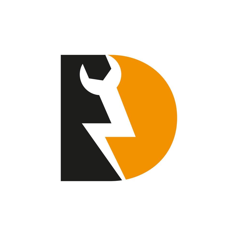 eerste brief d reparatie moersleutel en volt macht logo ontwerp voor reparatie, elektrisch teken vector sjabloon