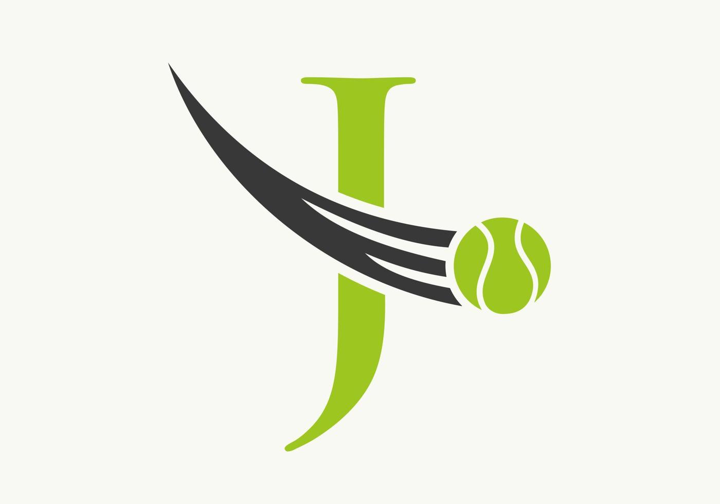 brief j tennis logo concept met in beweging tennis bal icoon. tennis sport- logotype symbool vector sjabloon