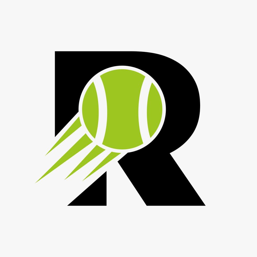 brief r tennis logo concept met in beweging tennis bal icoon. tennis sport- logotype symbool vector sjabloon