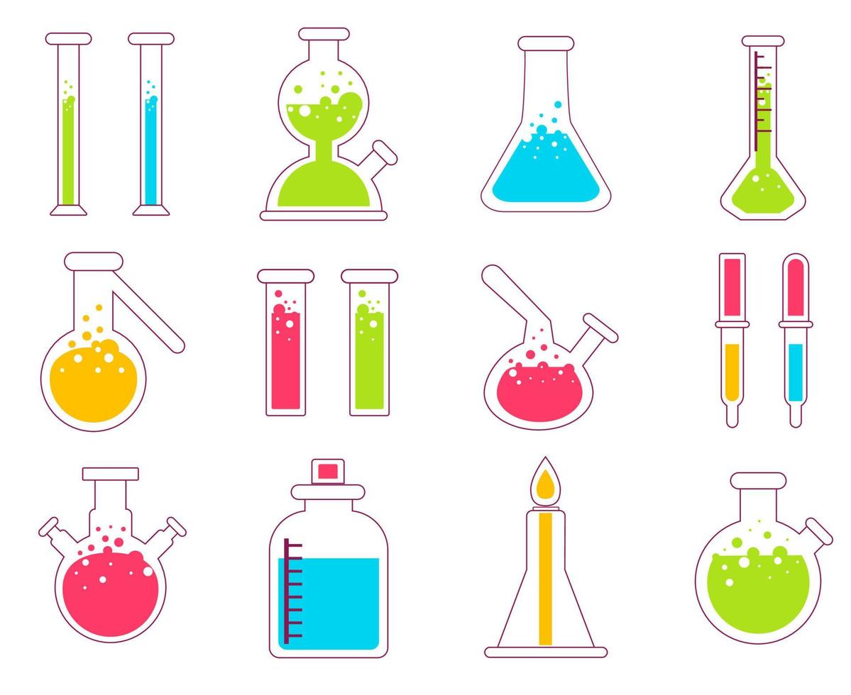 wetenschap test in buis, beker en fles. glas uitrusting in chemie laboratorium. vector