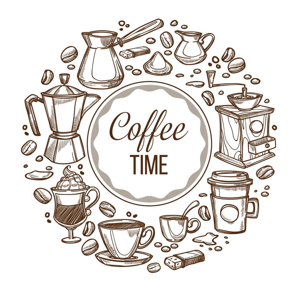 koffie tijd, cups en bonen monochroom schetsen vector