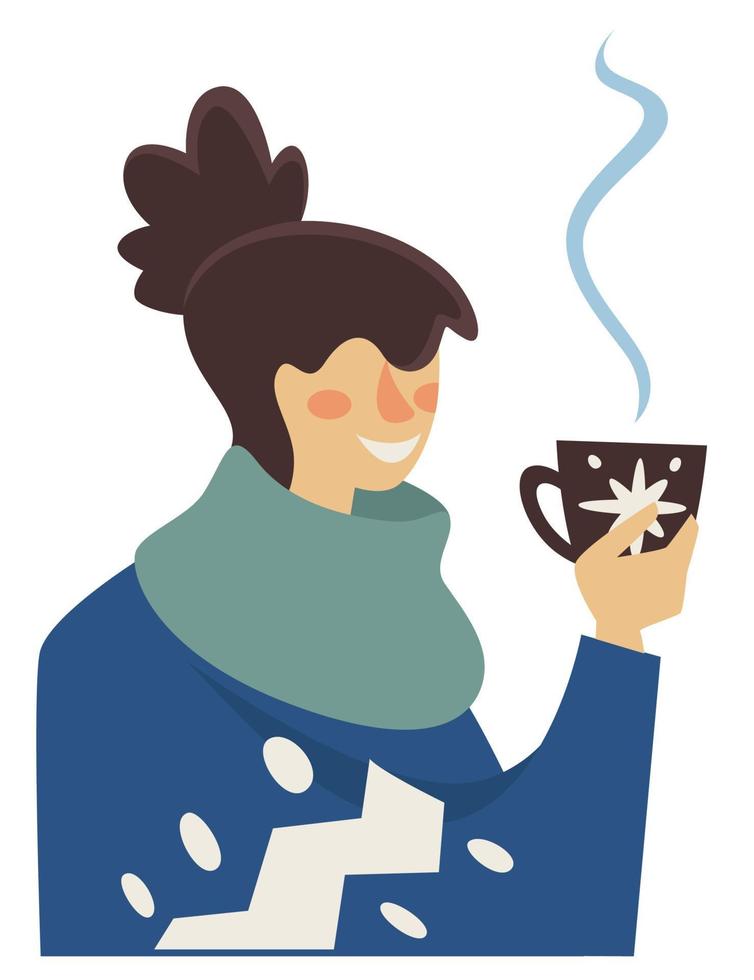 vrouw drinken heet koffie of thee in winter vector