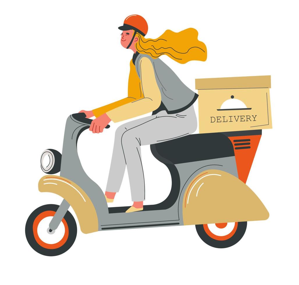 voedsel levering, vrouw rijden bromfiets scooter met doos vector