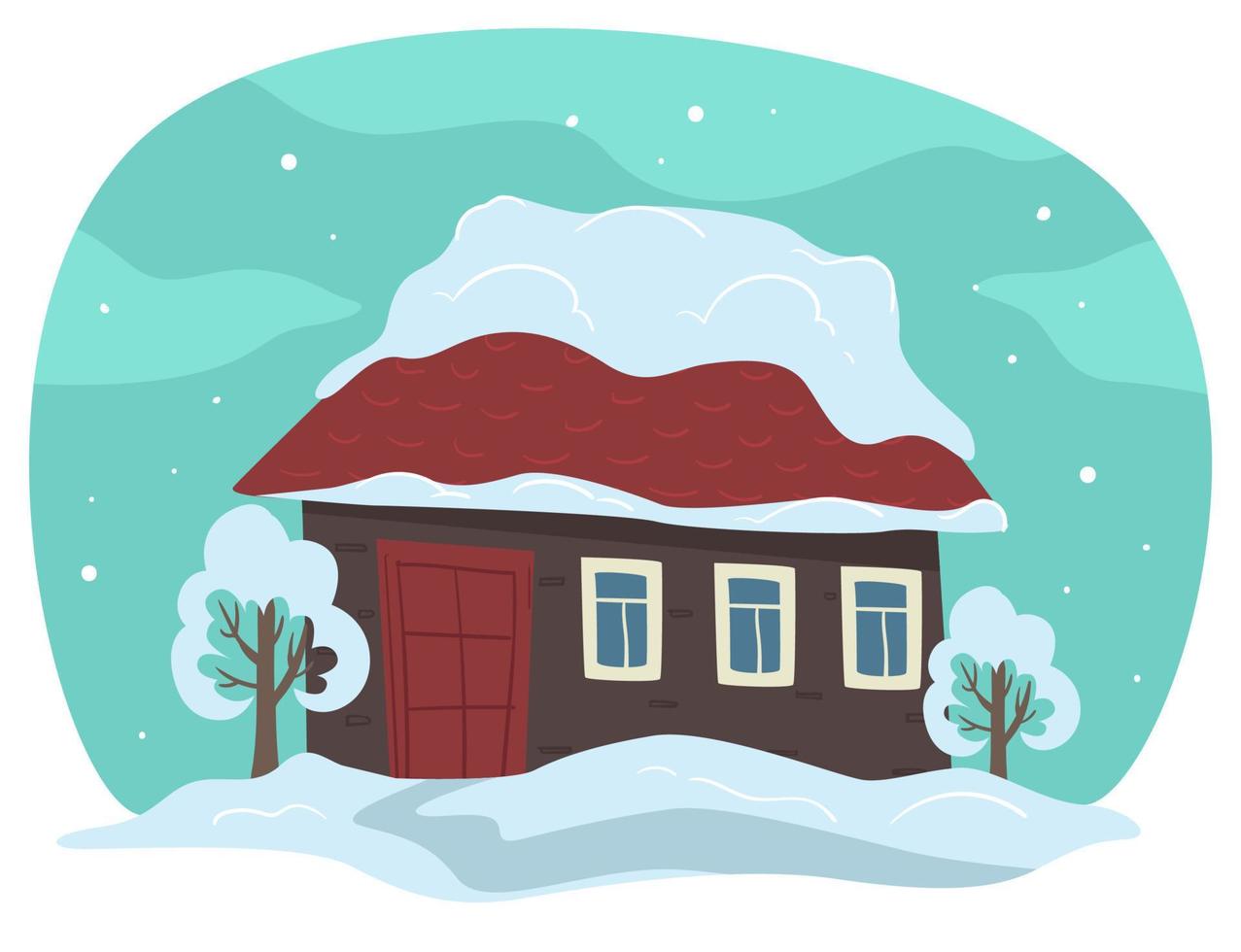 huis op het dak gedekt met sneeuw, winter landelijk landschap vector