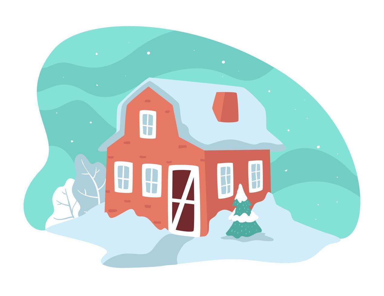 huis met besneeuwd dak, winter landschap in platteland vector