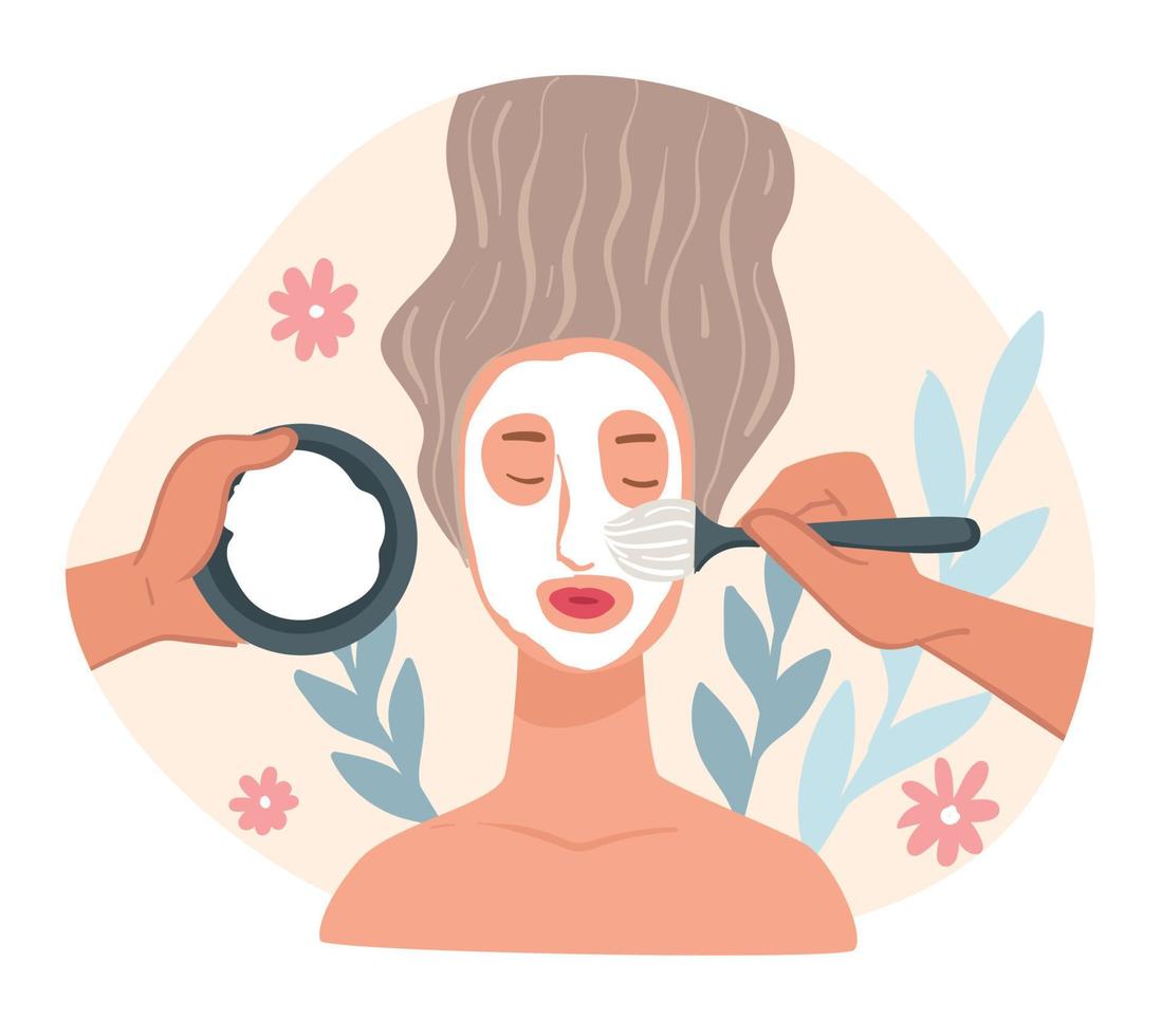 schoonheid salon procedures en huidverzorging, toepassen masker Aan gezicht vector