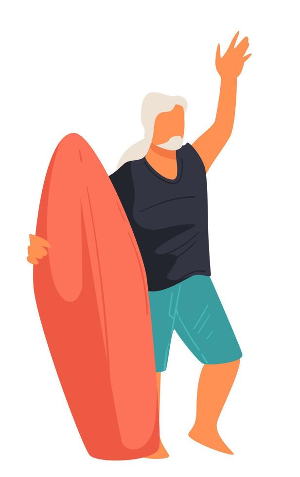 senior Mens surfen, ouderen surfer met bord vector