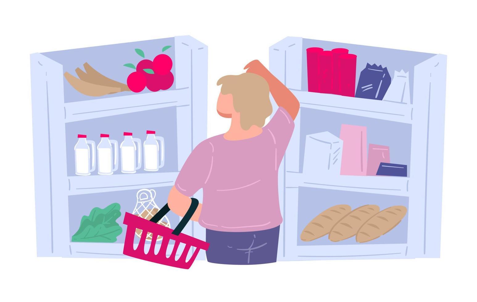 vrouw buying boodschappen kiezen producten in supermarkt vector