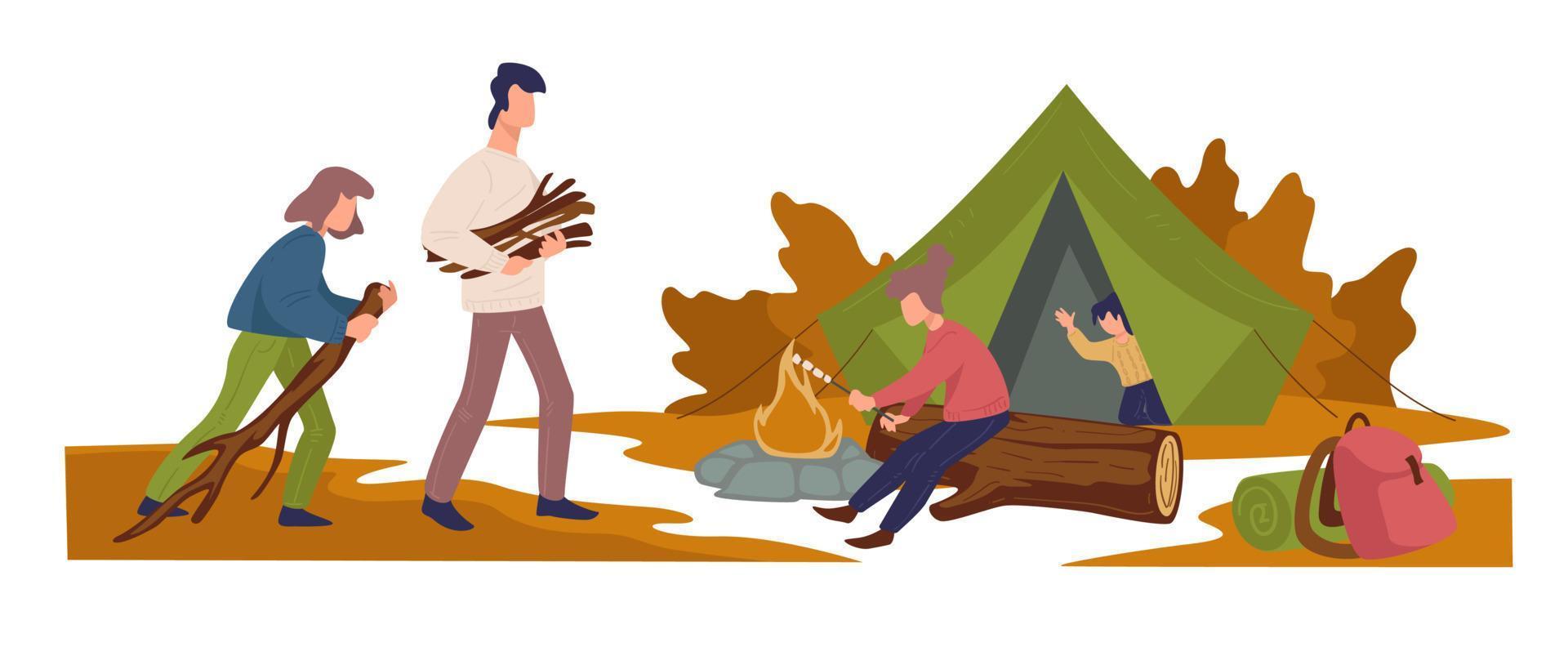 camping familie brandend logboeken, actief vrije tijd vakanties buitenshuis vector