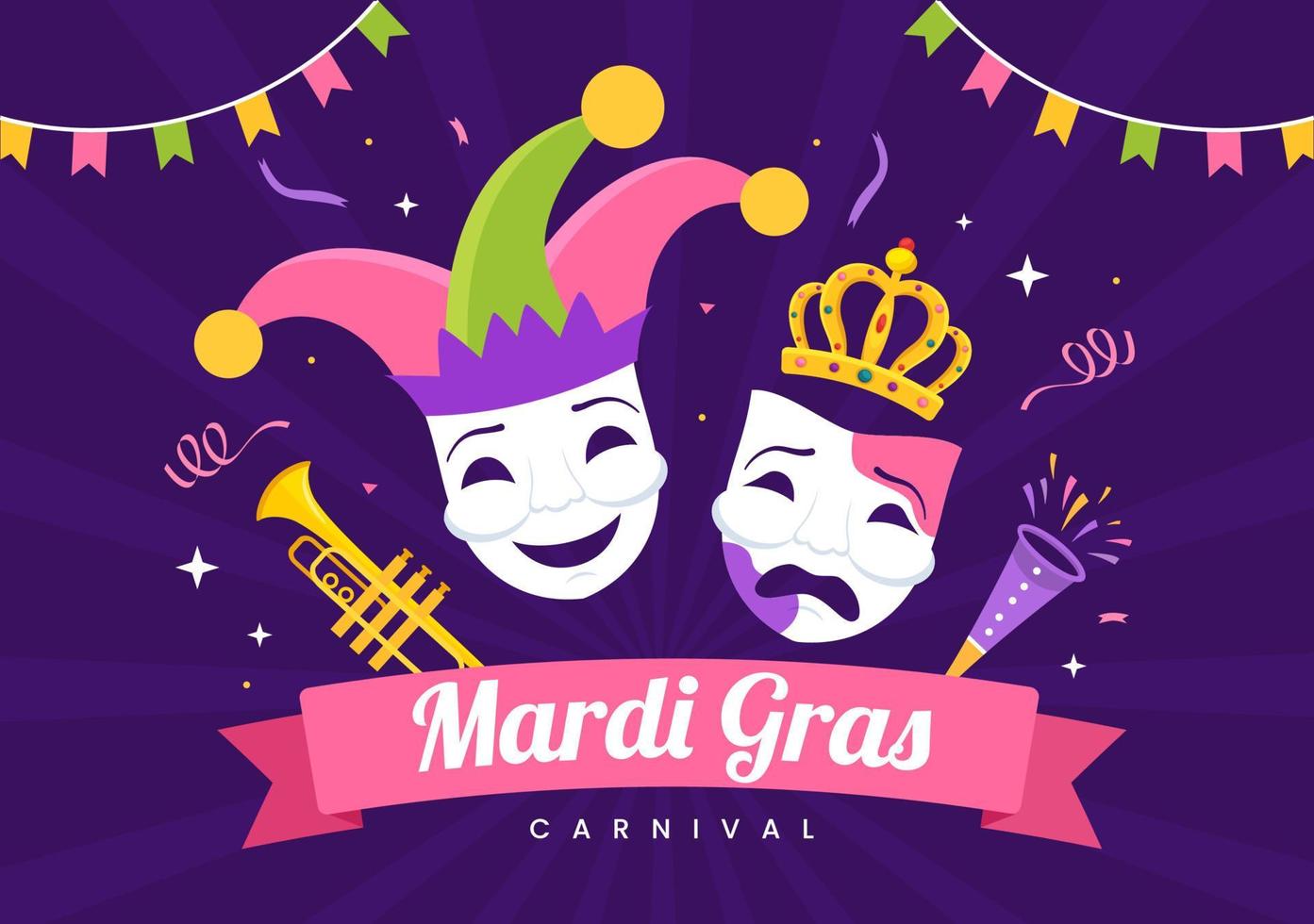 mardi gras carnaval partij illustratie met masker, veren en item festival voor web banier of landen bladzijde in vlak tekenfilm hand- getrokken Sjablonen vector