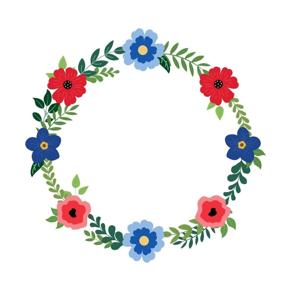 feestelijk 4e van juli bloemen krans met rood en blauw bloemen. onafhankelijkheid dag decor voor kaarten ontwerp. geïsoleerd Aan wit achtergrond. vector