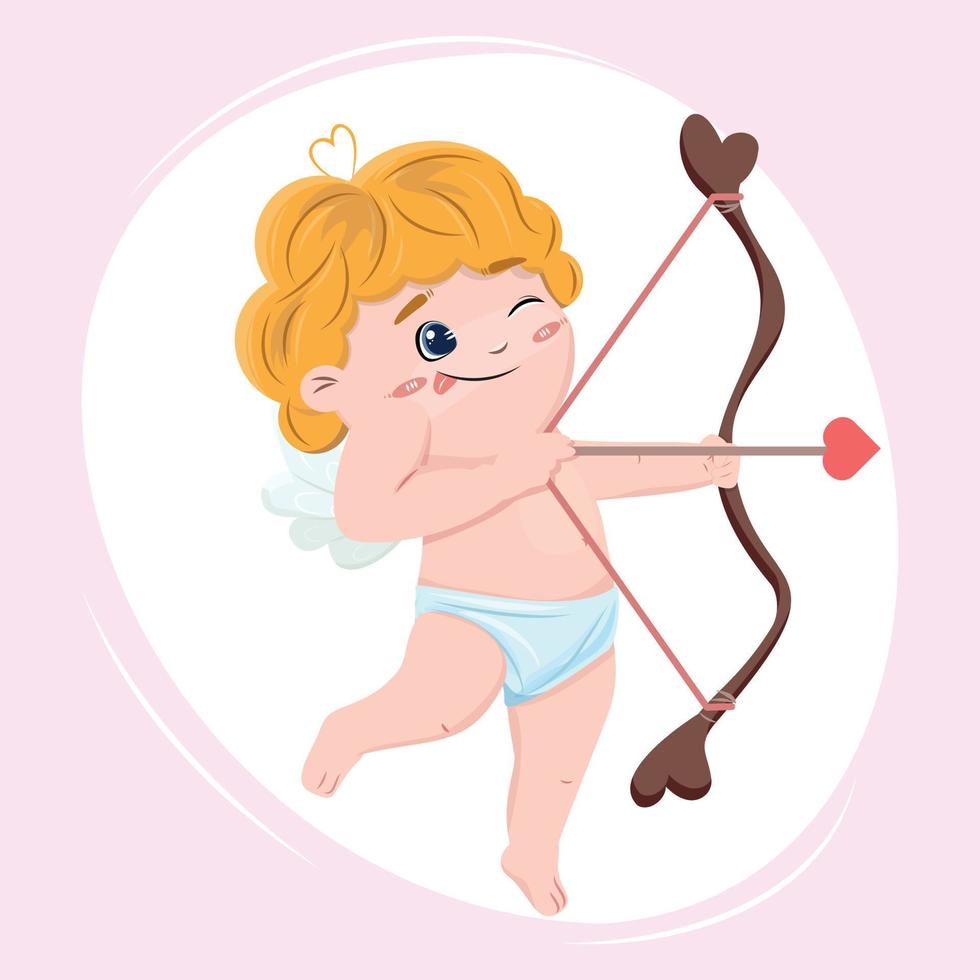 tekenfilm illustratie van een schattig Cupido het schieten pijlen met harten van een boog. gelukkig valentijnsdag dag. voor spandoeken, kaarten. ontwerp element, advertenties, achtergronden. vector tekening.