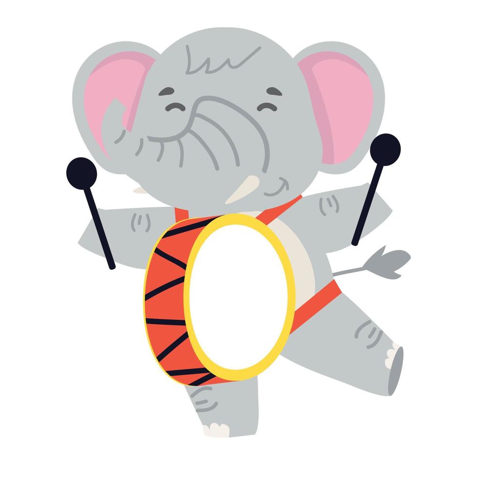 schattig tekenfilm dier olifant spelen de trommel vector