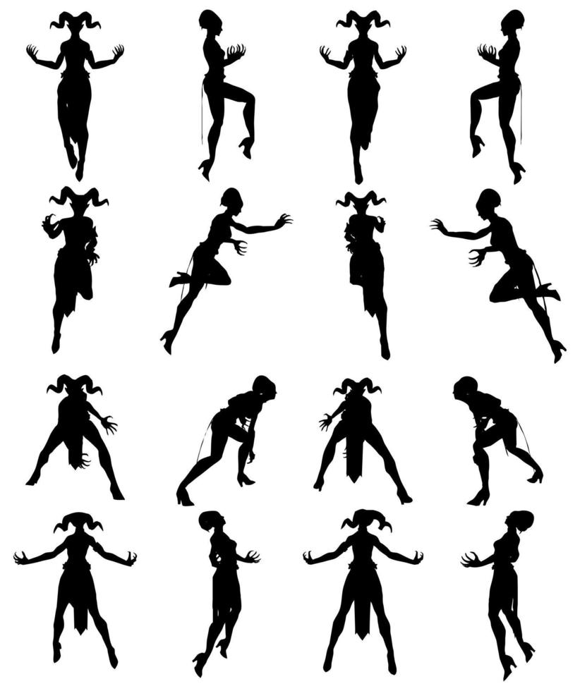 360 omwenteling van vrouw duivel silhouet vliegend en zweven poses vector