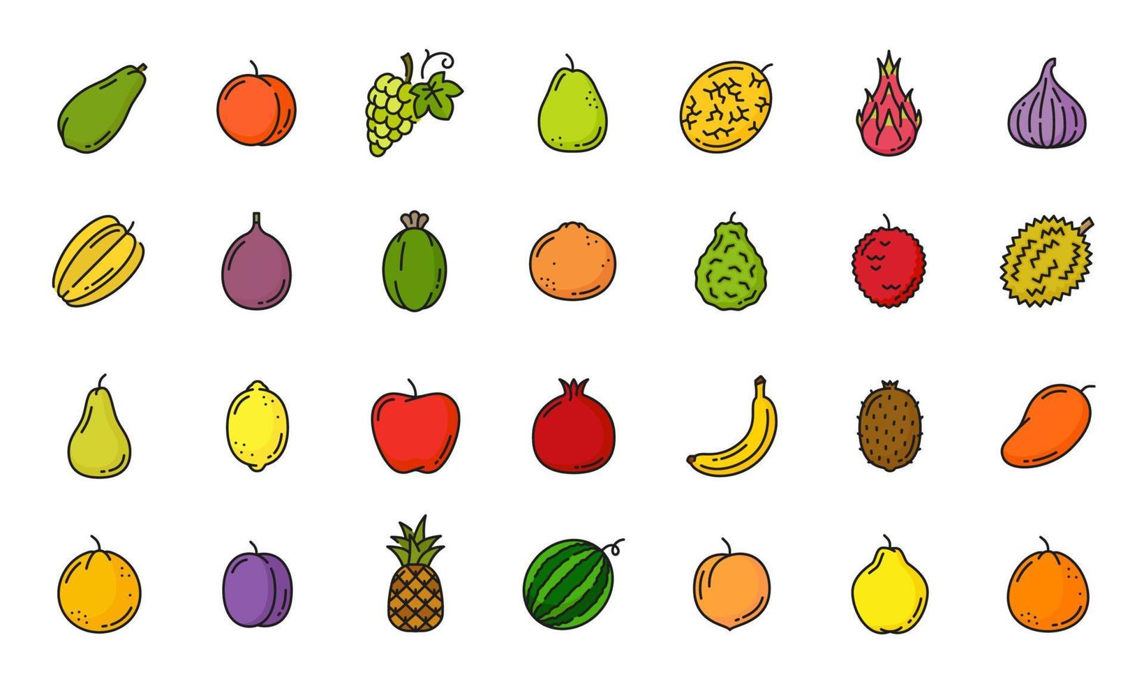 rauw tropisch en exotisch fruit kleur lijn pictogrammen vector