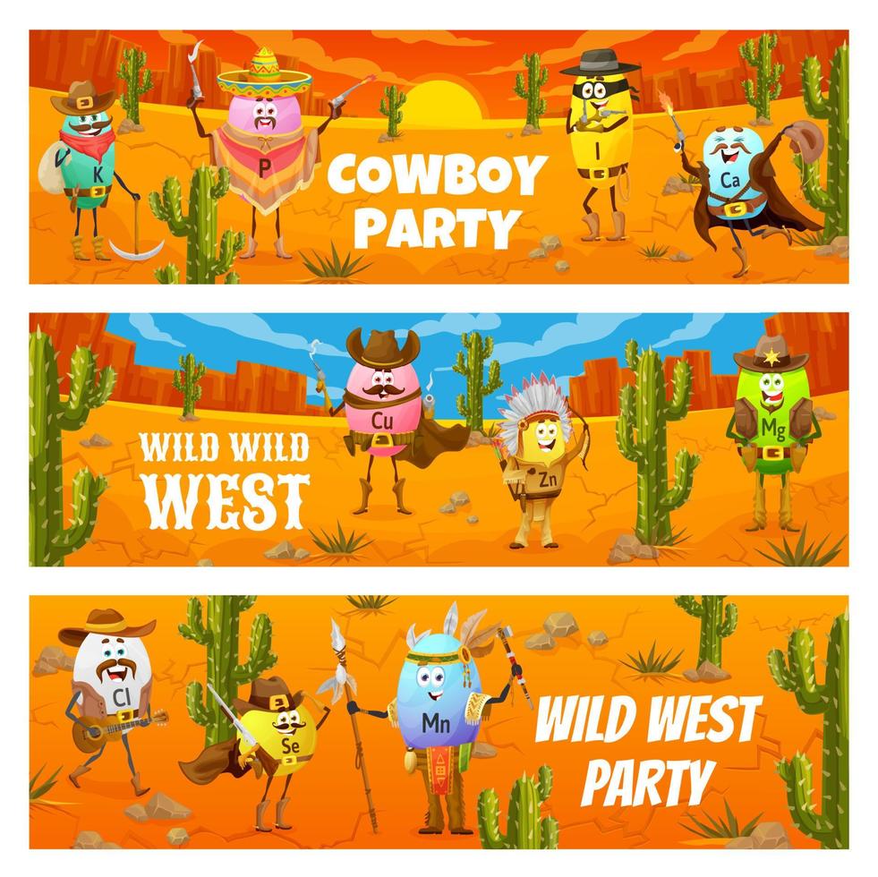 wild west partij banier met tekenfilm cowboy vitamine vector