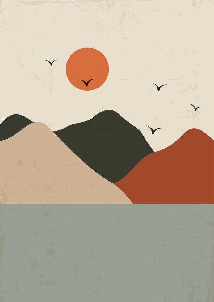 minimalistisch getextureerde berg landschap achtergrond.midden eeuw modern vector illustratie met hand- getrokken bergen en meer.trendy hedendaags ontwerp.muur kunst decor.