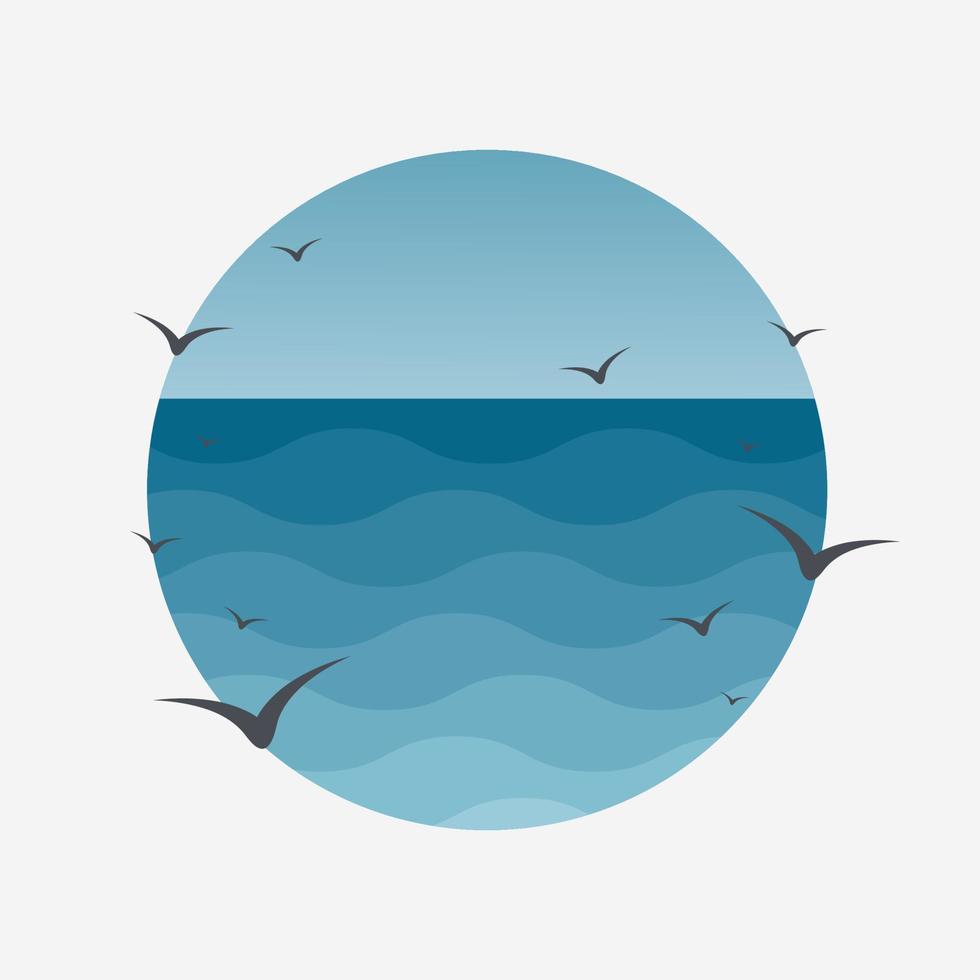 zee golven en zeemeeuw blauw illustratie poster. water en vogelstand Aan kleurrijk achtergrond. zee, horizon, Golf illustratie vector