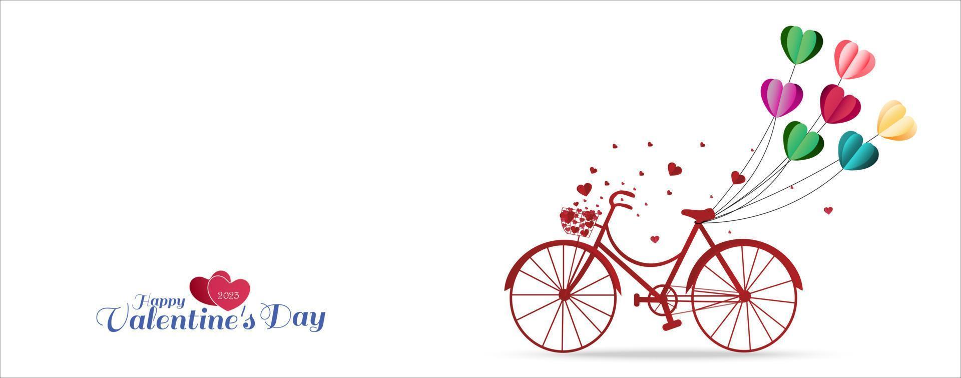 Valentijnsdag dag groet kaart met hart vormig ballonnen gebonden Aan een rood fiets. vector illustratie
