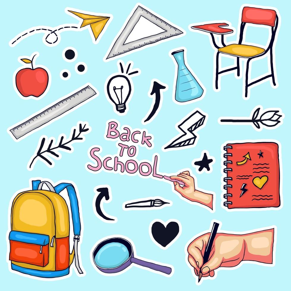 kleurrijke hand terug naar school stickers collectie getekend vector