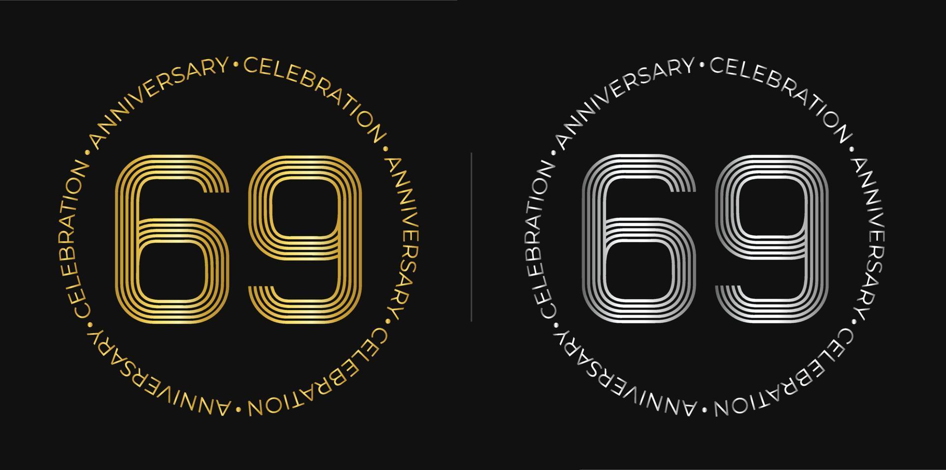 69e verjaardag. negenenzestig jaren verjaardag viering banier in gouden en zilver kleuren. circulaire logo met origineel getallen ontwerp in elegant lijnen. vector