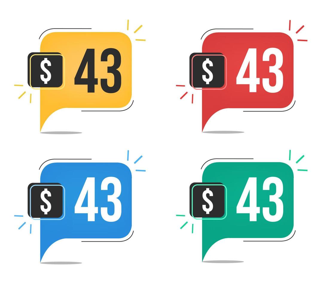 43 dollar prijs. geel, rood, blauw en groen valuta tags met toespraak ballon concept vector. vector