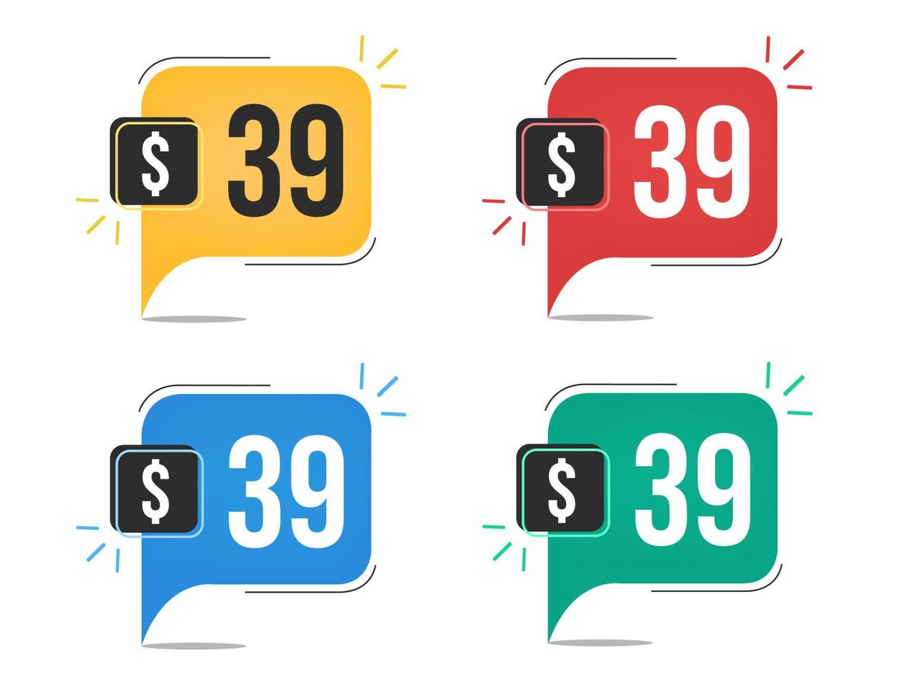39 dollar prijs. geel, rood, blauw en groen valuta tags met toespraak ballon concept vector. vector
