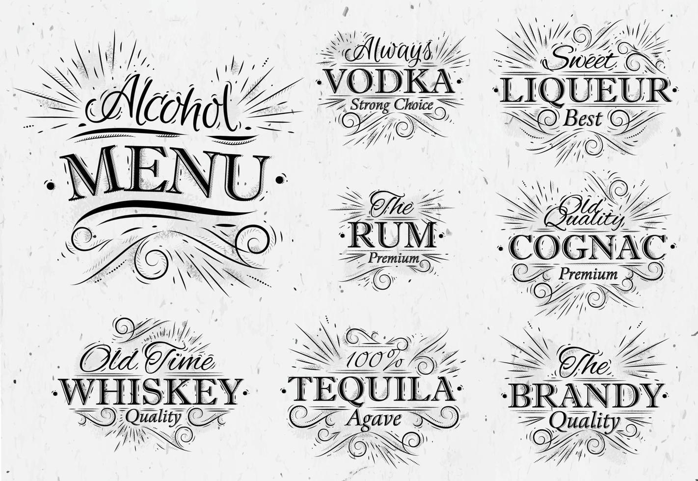 reeks alcohol menu dranken belettering namen in retro stijl wodka, likeur, rum, cognac, brandewijn, tequila, whisky in wijnoogst stijl vector