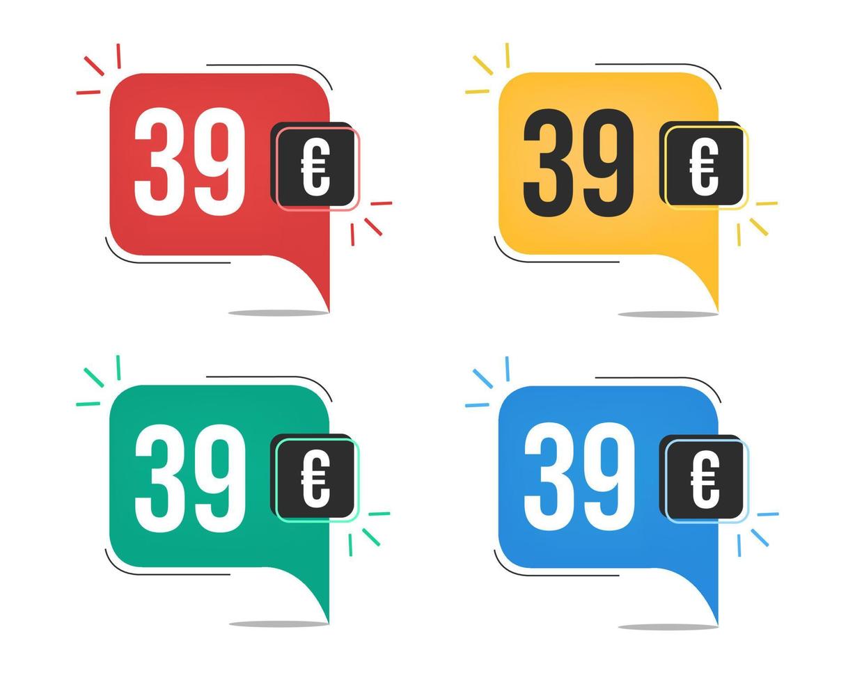 39 euro prijs. geel, rood, blauw en groen valuta tags met toespraak ballon concept. vector