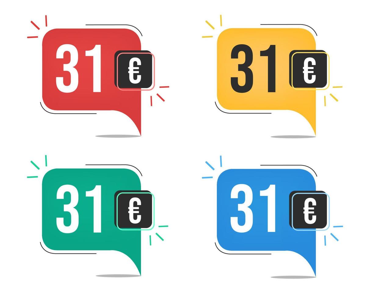 31 euro prijs. geel, rood, blauw en groen valuta tags met ballon concept. vector