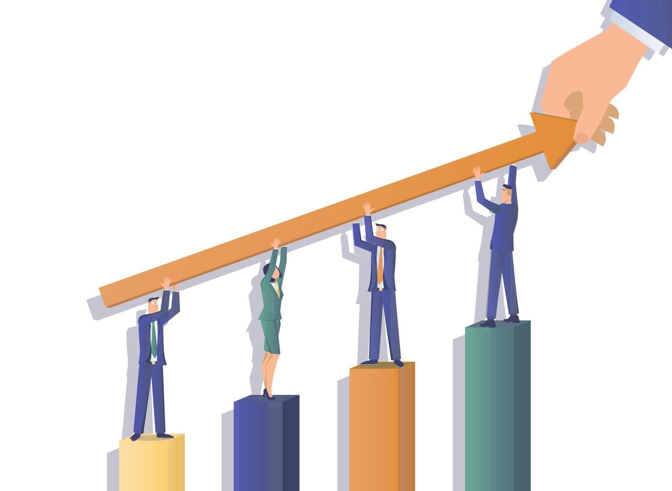 teamwerk. een team van zakenlieden staat Aan de diagram en houdt de groei pijl omhoog vector