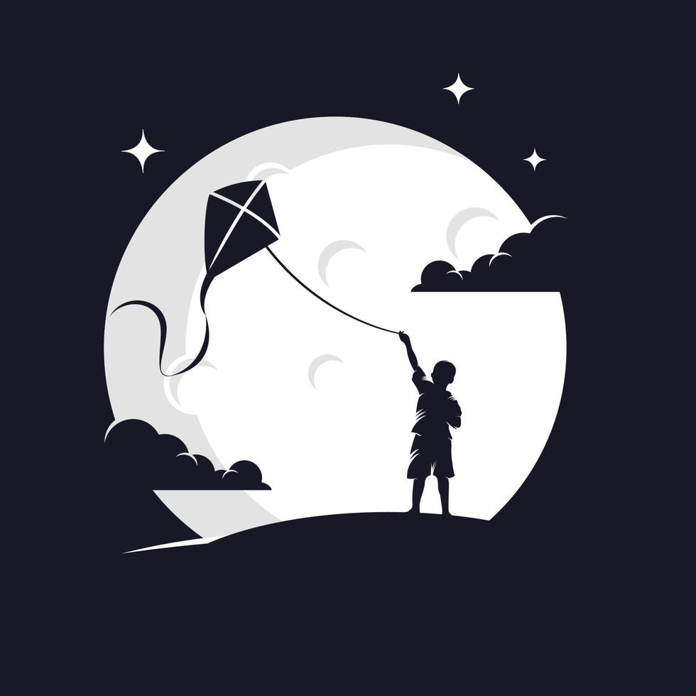kinderen spelen vlieger met maan achtergrond logo ontwerp sjabloon met donker achtergrond vector