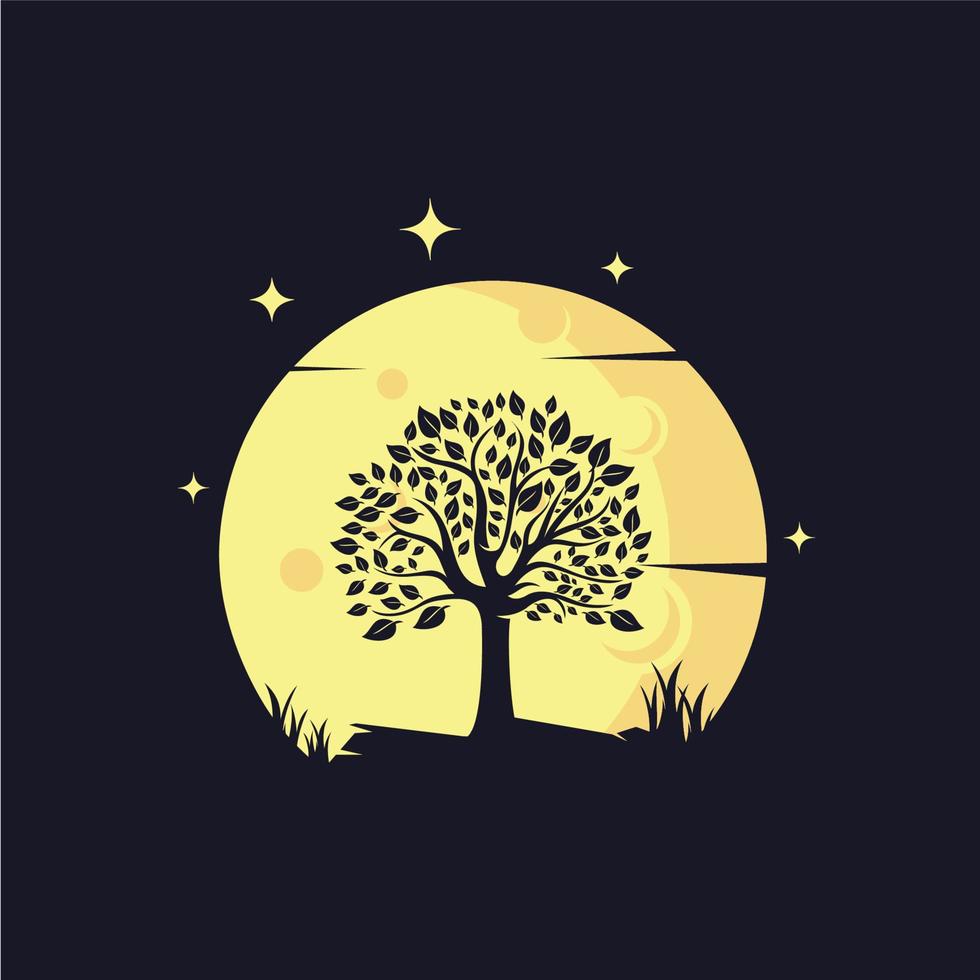 boom silhouet met geel maan achtergrond logo sjabloon vector