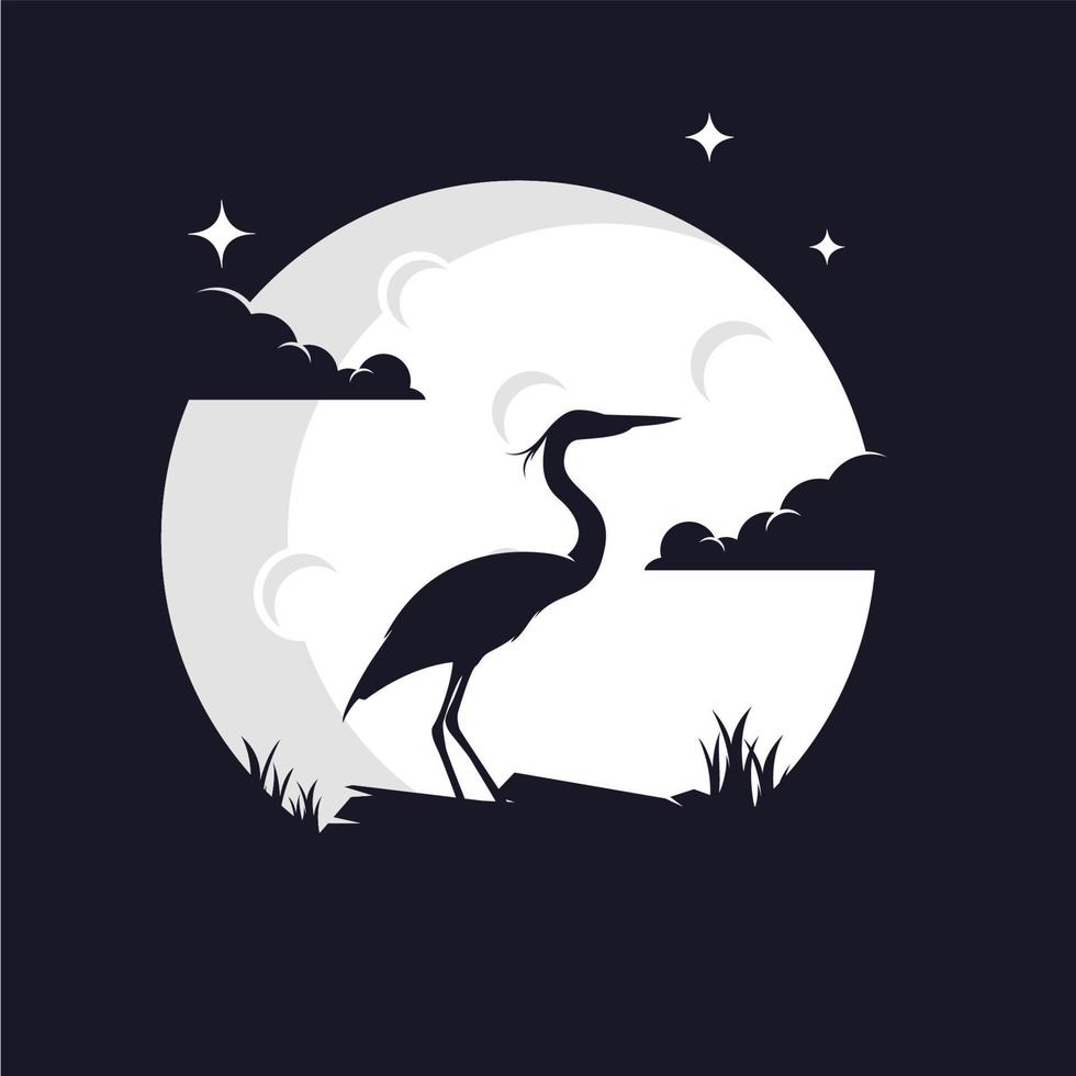 reiger silhouet met maan achtergrond logo sjabloon vector