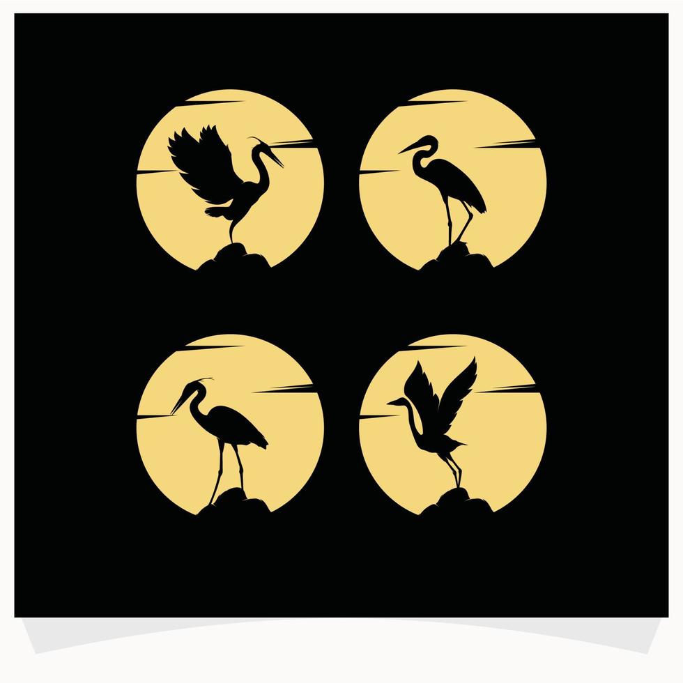 reiger silhouet met maan achtergrond logo ontwerp sjabloon vector