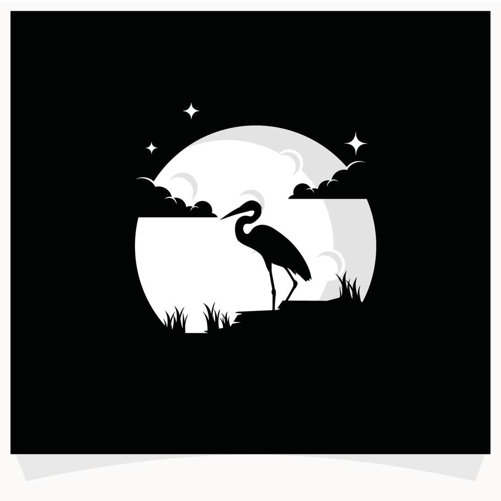 reiger silhouet met maan achtergrond logo ontwerp sjabloon vector