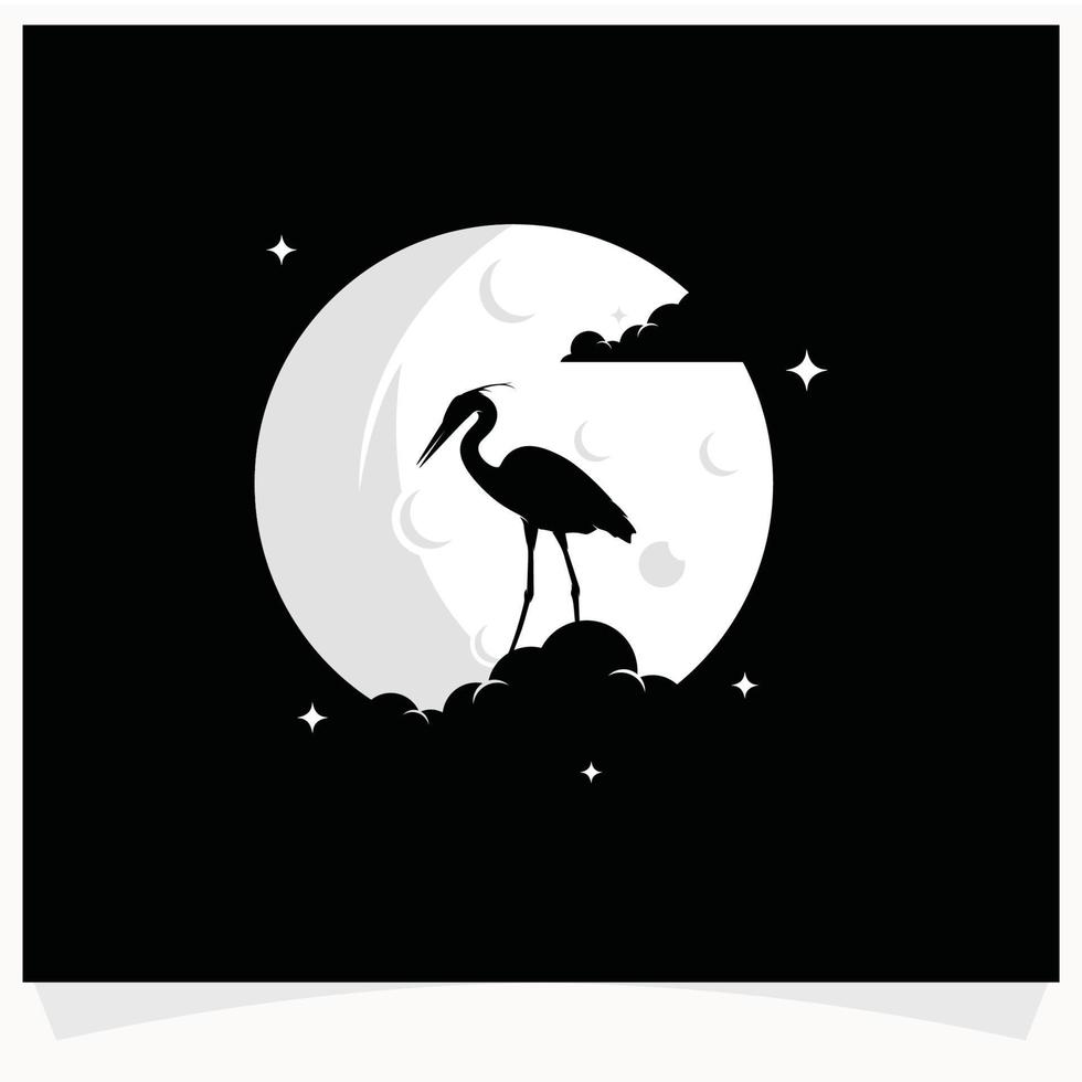 reiger silhouet met maan achtergrond logo ontwerp sjabloon vector