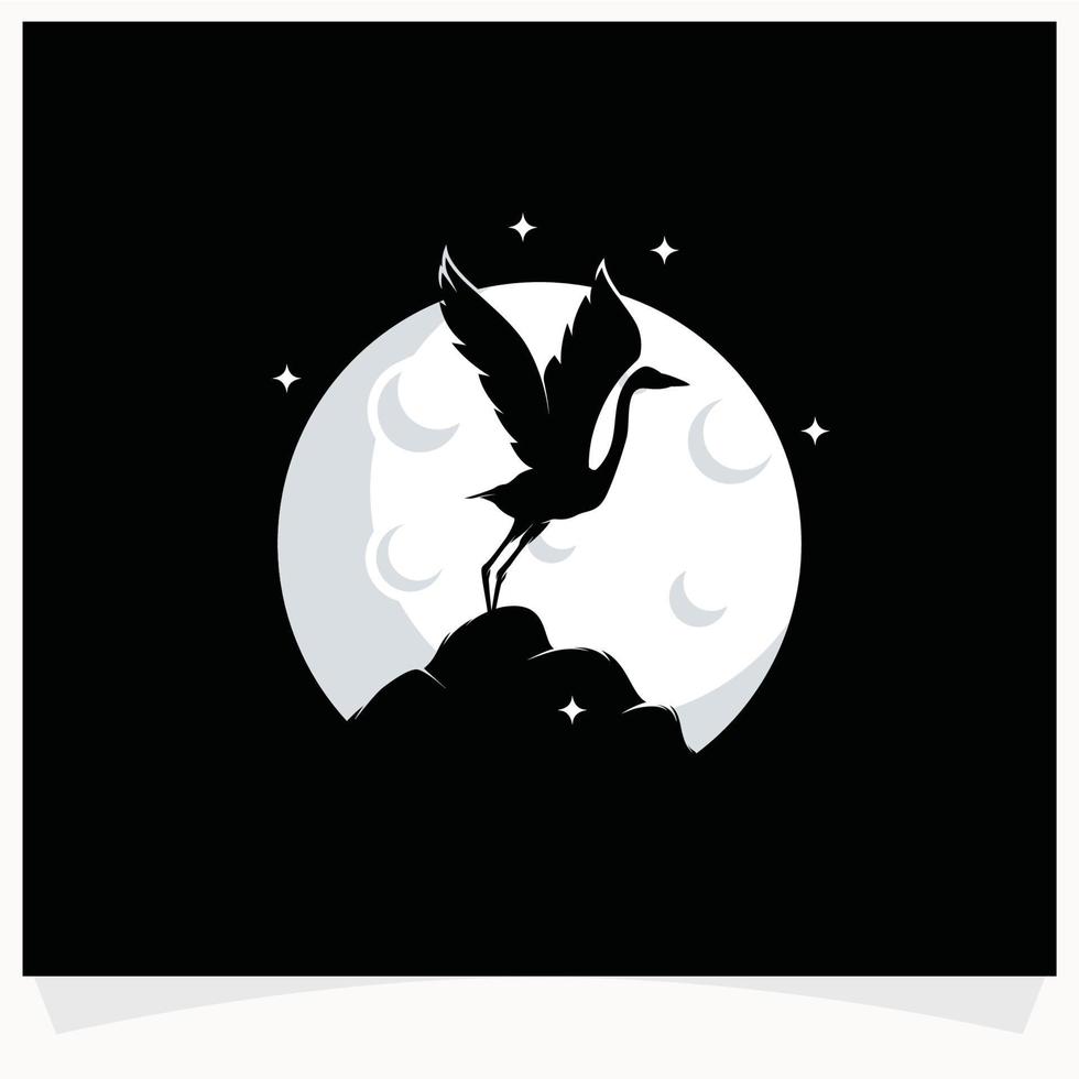 reiger silhouet met maan achtergrond logo ontwerp sjabloon vector