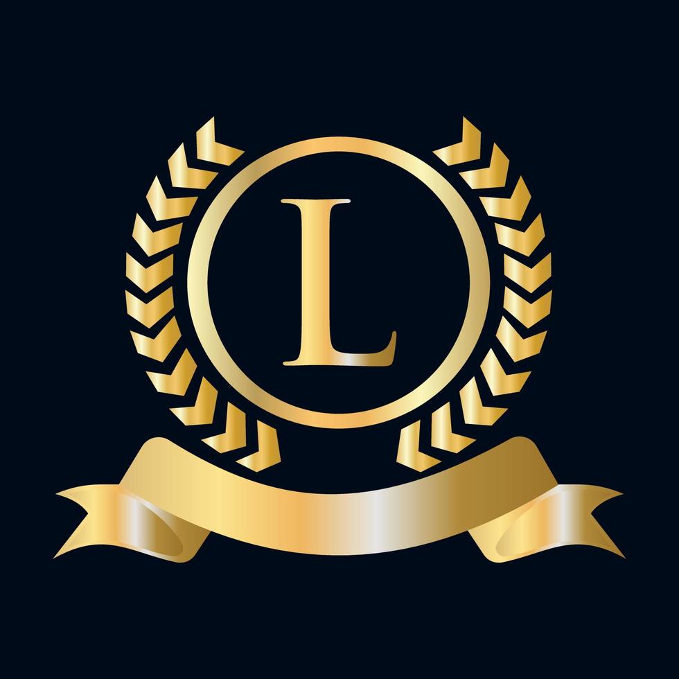 zegel, goud laurier krans en lint Aan brief l concept. luxe goud heraldisch kam logo element wijnoogst laurier vector