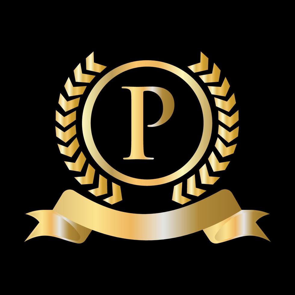 zegel, goud laurier krans en lint Aan brief p concept. luxe goud heraldisch kam logo element wijnoogst laurier vector