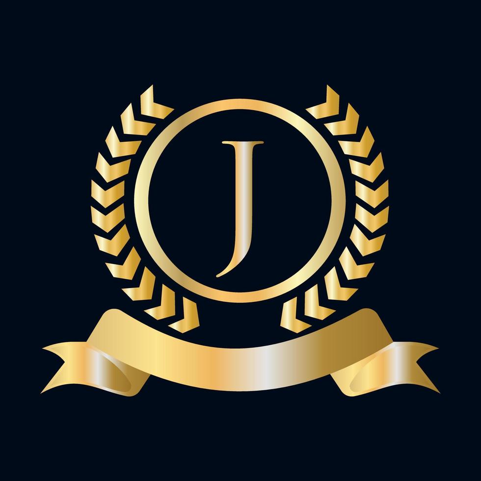 zegel, goud laurier krans en lint Aan brief j concept. luxe goud heraldisch kam logo element wijnoogst laurier vector