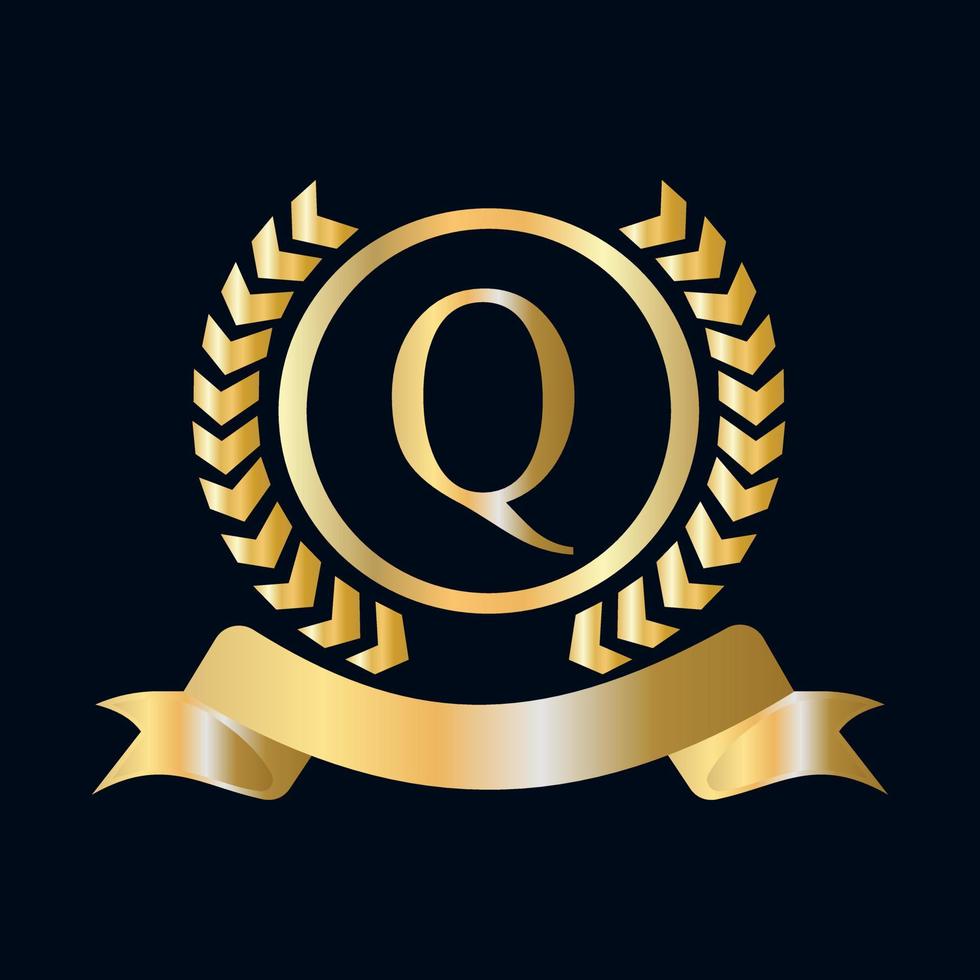 zegel, goud laurier krans en lint Aan brief q concept. luxe goud heraldisch kam logo element wijnoogst laurier vector